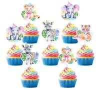 Lot de 24 décorations de cupcakes animaux de la jungle - Décorations de fête - Feuilles de la jungle - Animaux sauvages - Tigre, éléphant, lion, zèbre - Décorations de gâteaux pour fête d'anniversaire