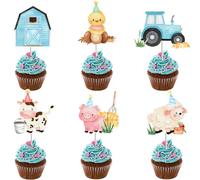 Lot de 24 décorations de cupcakes en forme d'animaux de la ferme pour garçons, thème animal, fête prénatale, fête d'anniversaire, décoration de gâteau - Bleu