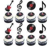 Lot de 24 décorations de cupcakes en forme de notes de musique à paillettes en forme de guitare rock - Décorations de gâteaux en vinyle pour fête prénatale, fête d'anniversaire, fête prénatale
