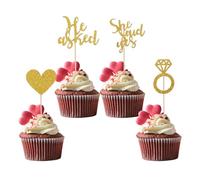 Lot de 24 décorations de cupcakes « He Asked She Said Yes » pour mariage, fiançailles, fête prénuptiale, bague en diamant, cœur pour fête de fiançailles