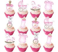 Lot de 24 décorations de cupcakes pour fête prénatale fille - Oh Baby It's a Girl - Décorations de gâteau pour fête prénatale et anniversaire de fille - Rose