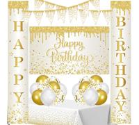 Lot de 24 décorations de fête d'anniversaire dorées pour hommes, femmes, filles, garçons, bannière dorée « Happy Birthday », ballons, toile de fond, bannière de porche, nappe