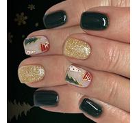 Lot de 24 décorations de fête de Noël vert foncé mat à paillettes dorées à presser sur les ongles faciles à appliquer et faux