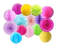 Lot de 24 décorations de fête multicolores en papier, pompons, éventails suspendus et lanternes en papier rondes multicolores pour fête, mariage, anniversaire, remise de diplôme, Noël, carnaval