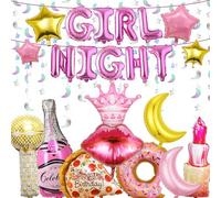 Lot de 24 décorations de fête pour fille - Bannière de ballons de nuit pour filles - Couronne de rouge à lèvres, beignet, pizza, étoile, lune - Guirlande de ballons en aluminium pour pyjama, soirée