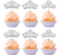 Lot de 24 décorations de gâteau à paillettes - Thème princesse - Mini couronne - Décoration de gâteau pour fête prénatale, princesse, anniversaire, mariage, fête - Argenté