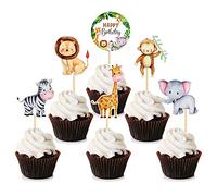 Lot de 24 décorations de gâteau d'anniversaire Jungle Safari Animal Happy Birthday pour enfants Thème jungle sauvage Fournitures de fête d'anniversaire Fête Événements Baby Shower