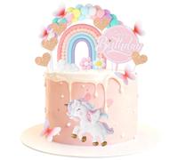 Lot de 24 décorations de gâteau d'anniversaire licorne - Arc-en-ciel - Cœur - Fleurs - Papillons - Happy Birthday - Décoration de gâteau pour fille et enfant