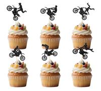 Lot de 24 décorations de gâteau de moto - Noir à paillettes - Décoration de moto pour homme et garçon - Fête d'anniversaire