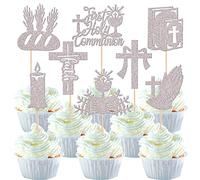 Lot de 24 décorations de gâteau de première communion religion sur le thème de la religion,Paillettes,Croix,Bible,Ange,Dieu bénisse,Décoration de gâteau pour première communion, cupcake,Argent