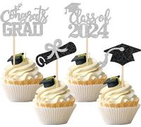Lot de 24 décorations de gâteau de remise de diplôme Class of 2024 - Paillettes - Diplôme - Décoration de gâteau pour diplômé - Décoration de gâteau pour 2024 - Noir et argent