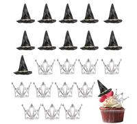 Lot de 24 décorations de gâteau en forme de chapeau de sorcière, mini chapeau de sorcière et gâteau couronne, décoration de fête d'anniversaire, réutilisables, magiciens, thèmes de gâteau