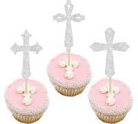 Lot de 24 décorations de gâteau en forme de croix à paillettes pour baptême, Dieu Bless Christianisme, décoration de gâteau pour thème religieux, première communion, anniversaire, décoration de gâteau