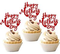 Lot de 24 décorations de gâteau Happy Mother's Day à paillettes Happy Mother's Cupcake Toppers Amour Cœur Décoration de gâteau pour fête des mères heureuse Thème femme Anniversaire Fête Rouge