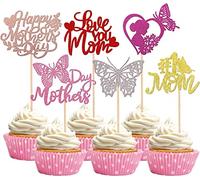 Lot de 24 décorations de gâteau Happy Mother's Day,Cœur à paillettes #1 maman,Papillon Love You Mom Cake Toppers,Décoration de gâteau,Cadeau d'anniversaire,Multicolore