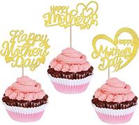 Lot de 24 décorations de gâteau Happy Mother's Day - Motif cœur à paillettes - Pour fête des mères, thème des femmes, anniversaire, fête, or