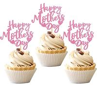 Lot de 24 décorations de gâteau Happy Mother's Day - Paillettes - Décoration de gâteau avec cœur - Pour la fête des mères heureuses - Thème des femmes, anniversaire, fête, rose