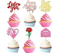 Lot de 24 décorations de gâteau Happy Mother's Day - Rose à paillettes - Love You Mom - Décoration de gâteau - Décoration de gâteau - Décoration de fête des mères - Multicolore