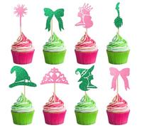 Lot de 24 décorations de gâteaux roses et vertes sur le thème de la princesse et de la sorcière, chapeau de sorcière, couronne, nœud, gâteaux, décorations de gâteaux de qualité alimentaire pour