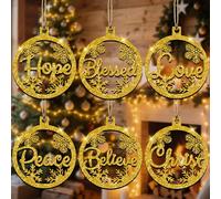 Lot de 24 décorations de Noël chrétiennes rustiques en bois à paillettes dorées découpées au laser avec mots : verset biblique, prière, église, religieuse, foi, bénie brillante