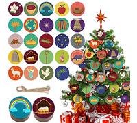 Lot de 24 décorations de Noël en bois imprimées pour enfants - Couronne de l'Avent Jesse Tree - Symboles en bois et histoires de la Bible pour décoration de fête de Noël