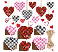 Lot de 24 décorations de Saint-Valentin en forme de cœur en bois à carreaux de buffle Rouge/noir