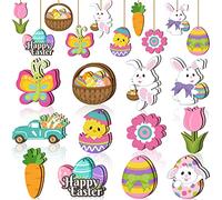 Lot de 24 décorations en Bois de Printemps et de Pâques - Décorations de Vacances Mignonnes avec Cordes à Suspendre pour Arbre de Pâques, Maison, Salle de Classe (œuf de Lapin)