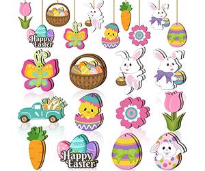Lot de 24 décorations en Bois de Printemps et de Pâques - Décorations de Vacances Mignonnes avec Cordes à Suspendre pour Arbre de Pâques, Maison, Salle de Classe (œuf de Lapin)