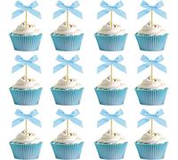 Lot de 24 décorations pour cupcakes avec nœud bleu - Décorations de gâteau pour filles au pays des merveilles pour 1er anniversaire, fête prénuptiale, fête prénatale, mariage, Noël