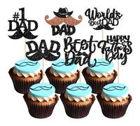 Lot de 24 décorations pour cupcakes « Happy Father's Day » avec moustache à paillettes noires pour fête des pères