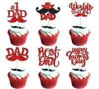 Lot de 24 décorations pour cupcakes « Happy Father's Day » avec moustache rouge pailleté « World's Best Dad » - Pour fête des pères - Décorations de gâteaux