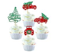 Lot de 24 décorations pour cupcakes Merry Christmas Paillettes Rouge camion et voiture Joyeux Noël Décoration de gâteau Joyeux Noël Thème pour arbre de Noël Xmas Thème fête Gâteau Décorations