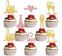 Lot de 24 décorations pour cupcakes sur le thème du mariage Marié et marié « He Asked She Said Yes » - Fournitures de fête prénuptiale - Doré rose doré pailleté