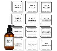 Lot de 24 étiquettes autocollantes imperméables pour distributeur de savon de salle de bain/cuisine pour bouteilles en verre/plastique, étiquettes de nettoyage amovibles pour savon, lotion, shampooing