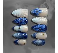 Lot de 24 faux ongles à appliquer facilement sur les ongles - Style vintage - Lys bleus - Perles à rayures - ABS - Confortables - Pour tous les jours