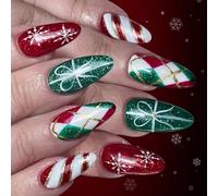 Lot de 24 faux ongles à carreaux scintillants sur le thème de Noël - Motif Père Noël rouge - Application facile pour femme - À presser - Plaids verts - Flocon de neige