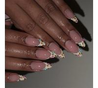 Lot de 24 faux ongles à coller avec paillettes françaises et strass colorés à presser pour femme