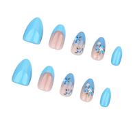 Lot de 24 faux ongles à coller - French Tip - Dégradé bleu - Couleur unie - À coller - Fleurs