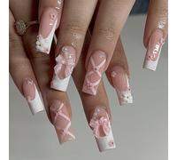 Lot De 24 Faux Ongles À Coller - Longs - Motif Cercueil - Avec Motif Floral - Blanc Brillant - Press On Nails - French Coffin - Ballerine - Faux Ongles Longs Pour Femmes - Nail Art