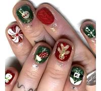 Lot de 24 faux ongles à coller - Motif bonhomme de neige - Cadeau de Noël - Couverture complète - Courts et ronds - À coller
