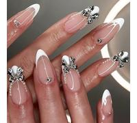 Lot de 24 faux ongles à coller - Pointe française - En acrylique - En forme d'amande - Avec nœuds en métal - Pour femmes et filles