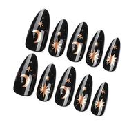 Lot de 24 faux ongles à coller pour femme - Style gothique - Noir - Avec motif étoile et lune - Forme d'amande