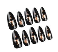Lot de 24 faux ongles à coller pour femme - Style gothique - Noir - Avec motif étoile et lune - Forme d'amande