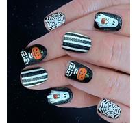 Lot de 24 faux ongles à coller pour Halloween - Motif toile d'araignée blanche - Squelette - Accessoire de fête - À coller sur les ongles