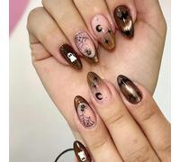 Lot de 24 faux ongles à coller pour Halloween - Taille moyenne - En forme d'amande - Œil de chat - Fantômes mignons, chauve-souris, toile d'araignée et motifs pailletés - Manucure française