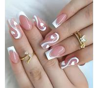 Lot de 24 faux ongles à coller - Pour la Saint-Valentin - Coeur mignon - Couverture complète - Pointe française à presser - Accessoires de manucure
