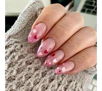 Lot de 24 faux ongles à coller - Rose - En forme d'amande - Avec cœurs fins et paillettes - Couverture complète - Pour femme - Saint-Valentin