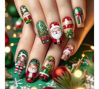 Lot de 24 faux ongles à coller sur le thème des fêtes et réunions de famille avec Père Noël et boîte
