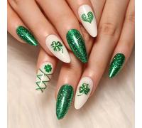 Lot de 24 faux ongles à coller sur les ongles, motif trèfle irlandais, cœur à coller sur les ongles, motif trèfle irlandais, tourbillon doré, amovible, à coller sur les ongles, faux ongles pour la