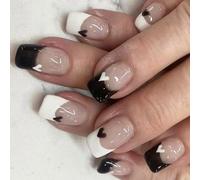 Lot de 24 faux ongles à coller sur un carré en acrylique noir et blanc pour la Saint Valentin